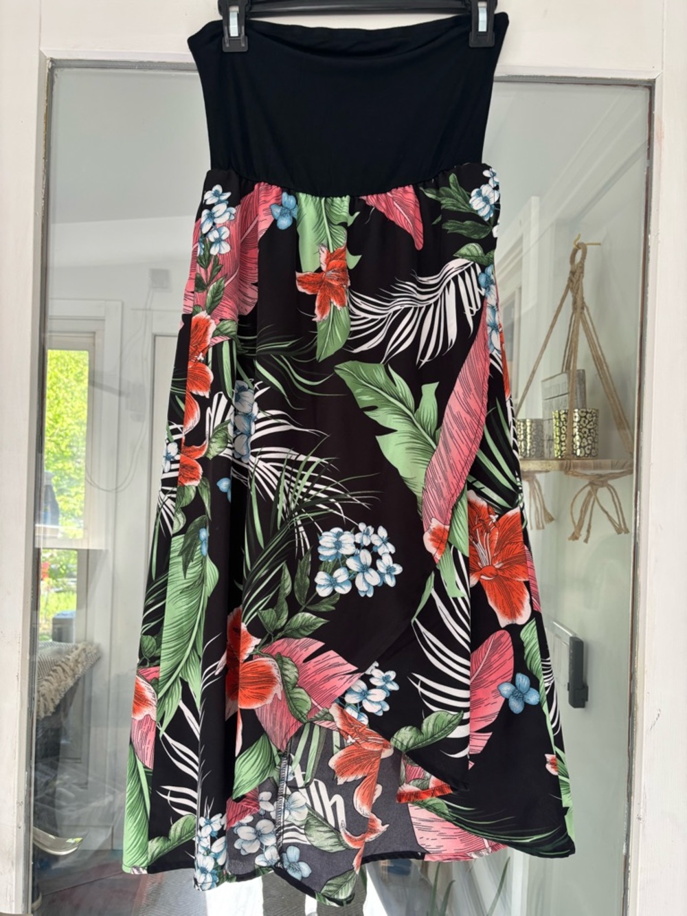 SHEIN Black and Floral Strapless‎ Wrap Front Midi Dress